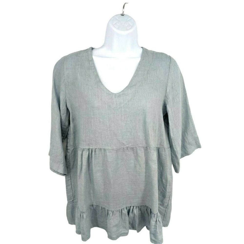 New Laura Bianchi Italy Light Blue Linen Top Shirt Ruffle‎ Blouse V-neck